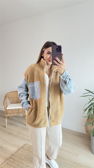 Kolları Kot Detaylı Bej Peluş Mont