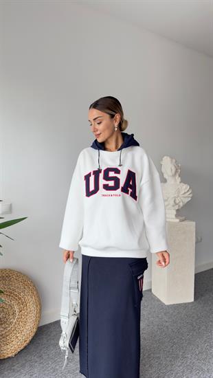 Paraşüt Kapüşon Detaylı Beyaz Sweat
