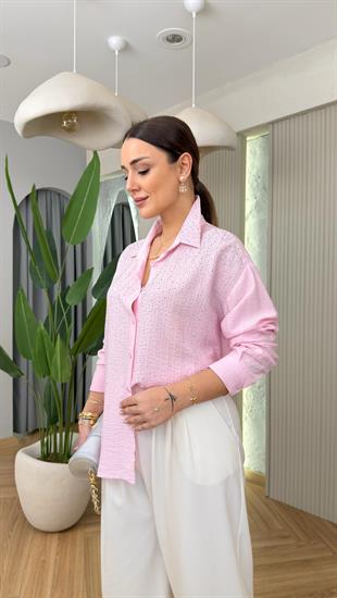 Pembe Minka Parıltılı Taş Detaylı Gömlek