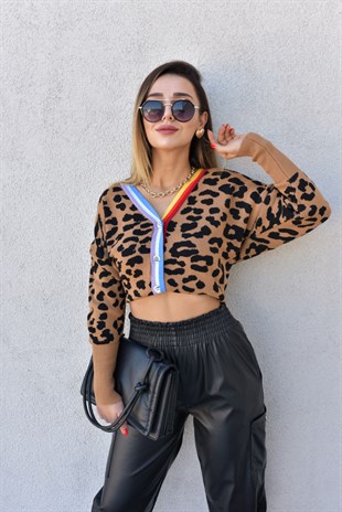 Şerit Detay Leopar Desen Hırka