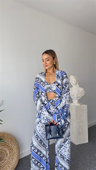 Medi Etnik Desen Viskon Mavi Kimono