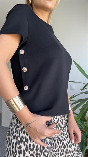 Orj Marka Yanları Gold Düğme Siyah Tshirt