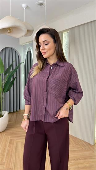 Bordo Senya Cepli Çizgili Gömlek