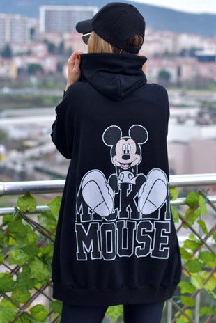 Sırtı Mickey Baskılı Siyah Kapüşonlu Sweatshirt