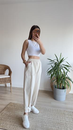 Axel Paça Düğmeli Bej Gabardin Pantolon