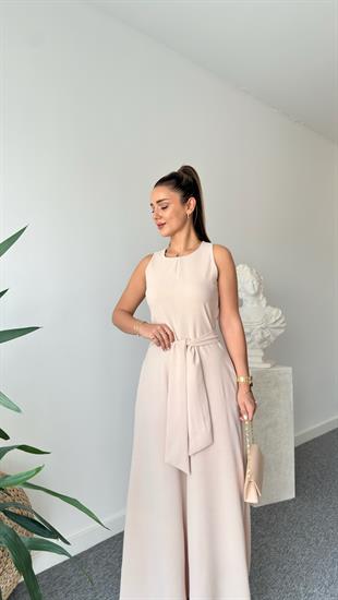 Carta Kuşaklı Bej Bol Paça Tulum