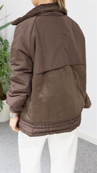 Peluş Detay Büzgülü Kahve Mont