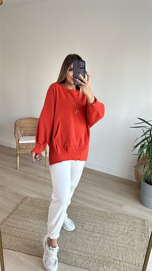 Pileli Yanları Yırtmaçlı Turuncu Sweat