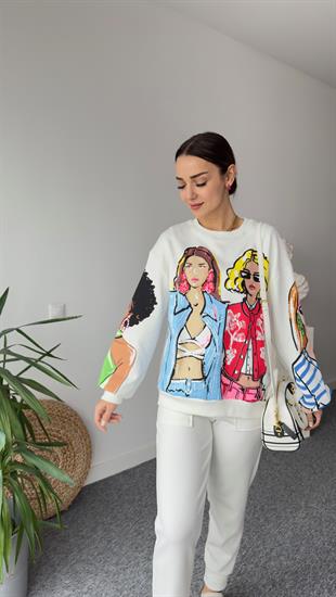 Renkli Kız Baskılı Beyaz Sweatshirt