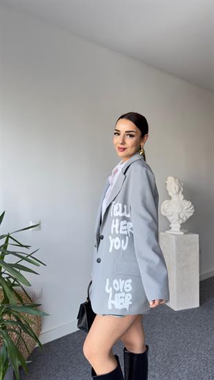Graf Yazı Ve Baskı Detay Tasarım Çizgili Blazer 