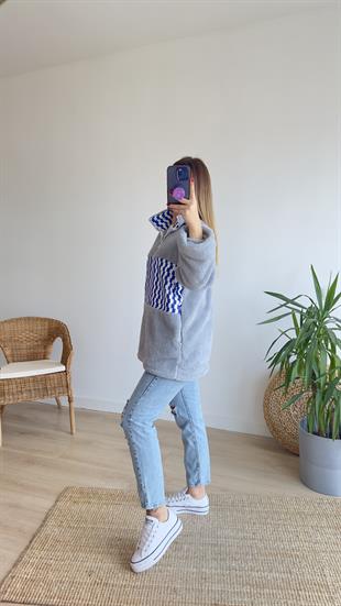 Mavi Desenli Peluş Sweat