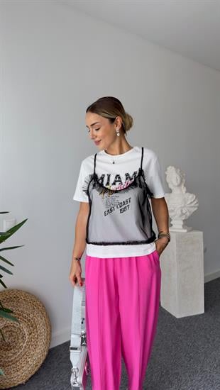 Tül Detaylı Baskılı Tshirt