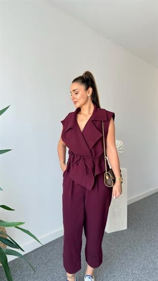 Bordo Weren Yelekli Keten Takım 