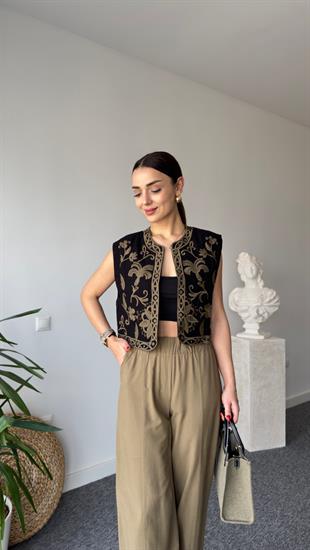 Mex Zra Model Nakışlı Keten Yelek
