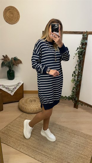 Lacivert Çizgili Elbise