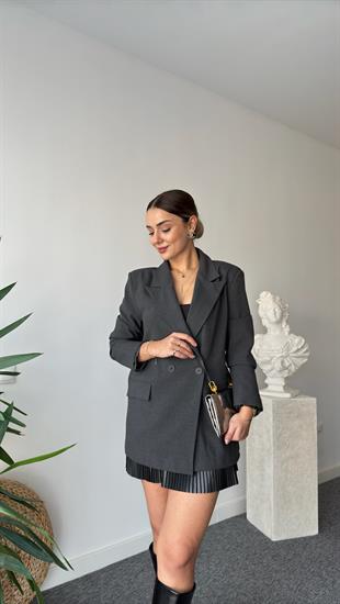 Copi Sırtı Taş Yazılı Gri Blazer Ceket