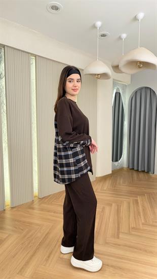 Kahve Lapel Ekose Garnili Selanik Takım