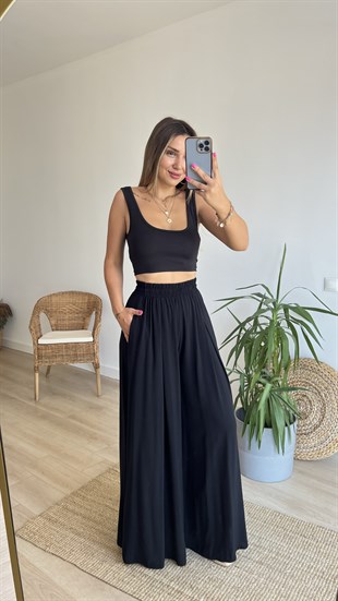 Bol Paça Siyah Viskon Pantolon