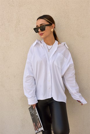 Atlet Detaylı Oversize Beyaz Gömlek
