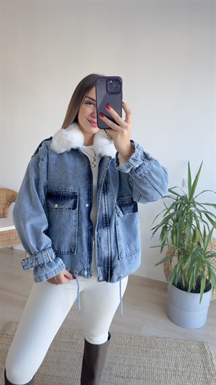 Yakası Kürklü Mavi Kot Mont