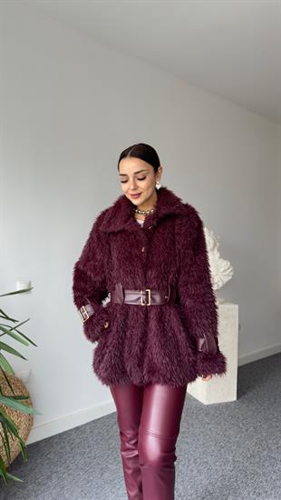 Premıum Deri Detaylı Bordo Peluş Mont 