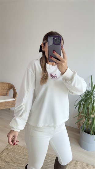 Kolu Büzgülü Kelebek Baskı Sweat