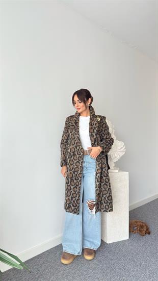 Rolen Leopar Desenli Kaşe Kaban