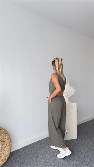 Sırt Dekolte Bel Lastikli Haki Tulum