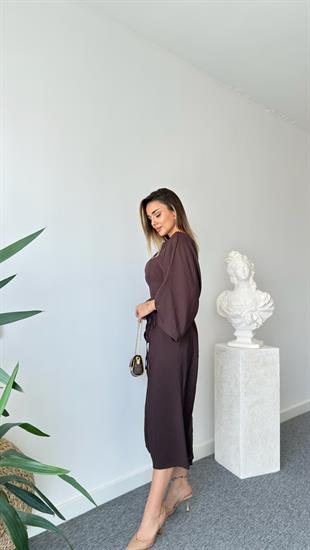 Kahve Yarasa Kol Kuşaklı Massi Elbise 