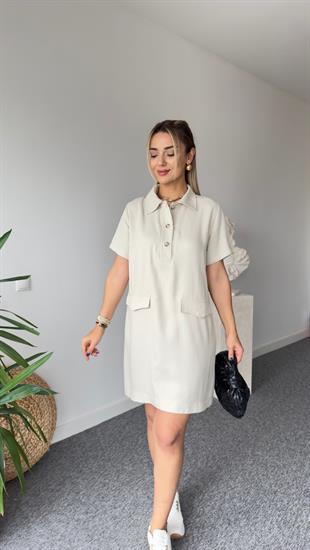 Vino Soft Doku Bej Polo Yaka Elbise