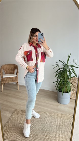 Ekose Desenli Ekru Kapitone Ceket