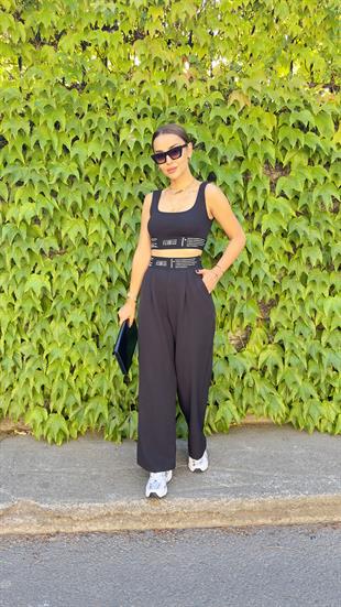 Velar Lastik Yazılı Siyah Crop