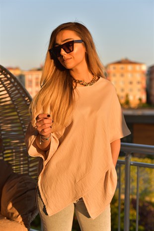 Taş Rengi Asimetrik Kesim Bluz