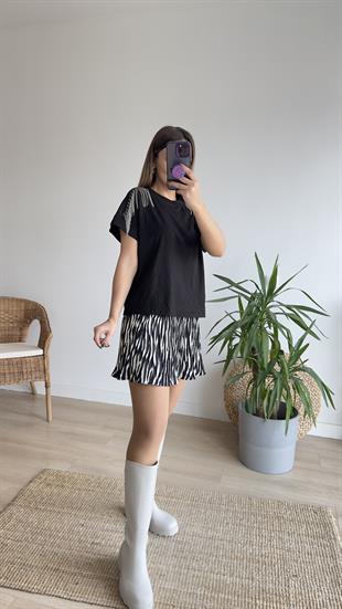 Duble Kol Taşlı Siyah Tshirt