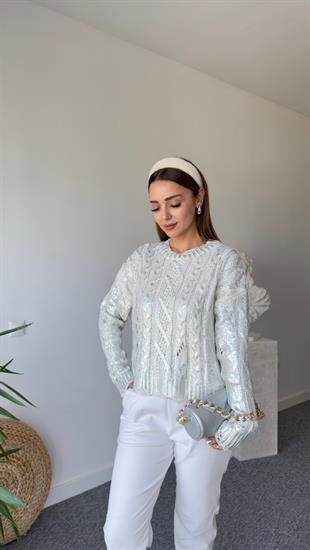 Örgü Desen Varaklı Gümüş Kazak