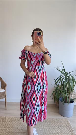 Karpuz Kol Pembe Renkli Elbise 