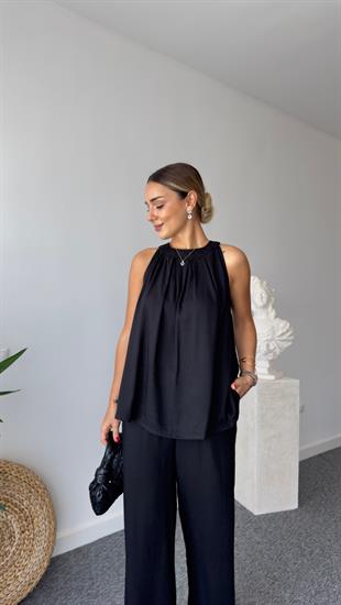 Lucil Keten Siyah Bluz Pantolon Takım