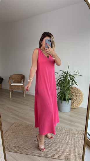 Kolsuz V Yaka Pembe Maxi Elbise