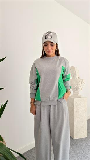 Yeşil Yan Paraşütlü Gri Sweatshirt