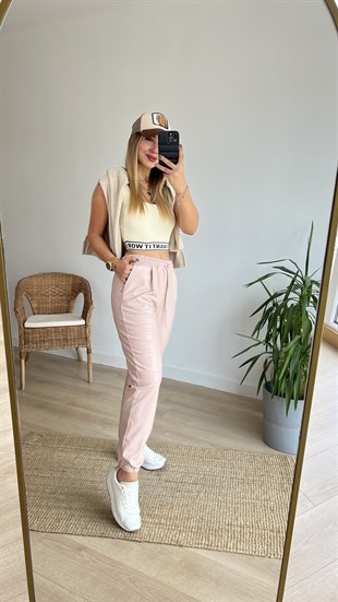 Beli Lastikli Pudra Deri Pantolon 