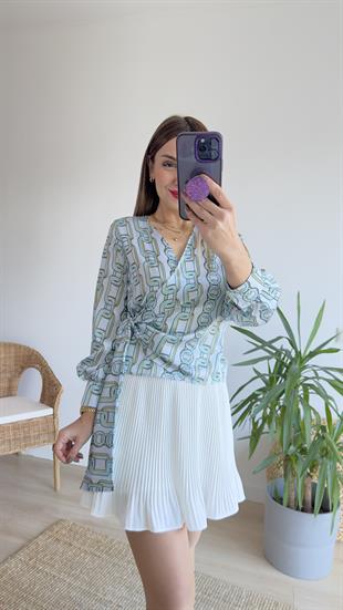 Zincir Baskı Kruvaze Saten Bluz