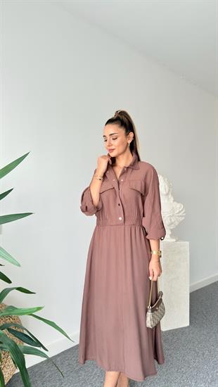 Kahve Çıtçıtlı Zra Model Midi Elbise 