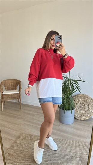 Balıkçı Yaka Tshirt Detaylı Kırmızı Sweat