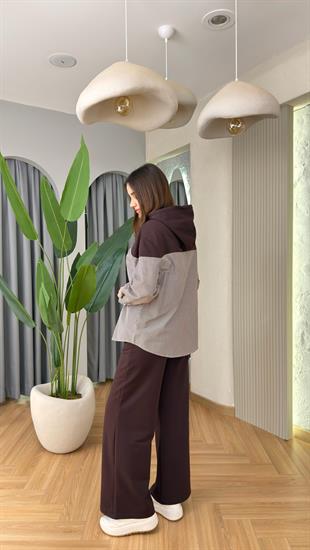 Kahve Gömlek Garnili Kapüşonlu Spor Takım