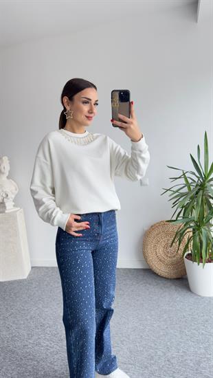 Gtip Yaka Taşlı Beyaz Sweat