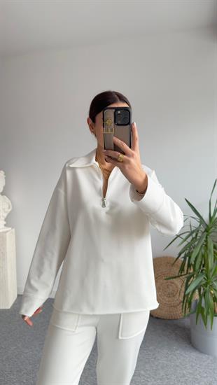 Polo Yaka Yarım Fermuarlı Beyaz Sweat