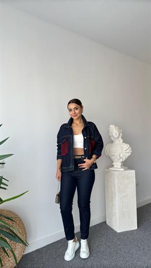Sofya Sırt Ve Cepler Bordo Triko Detaylı Jean Ceket