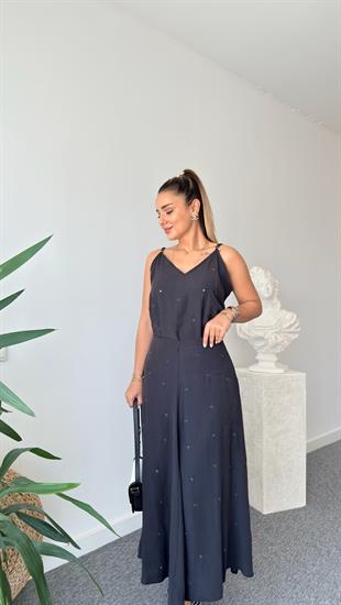 Siyah Kuşgözü Detaylı Etekli Bluz Takım