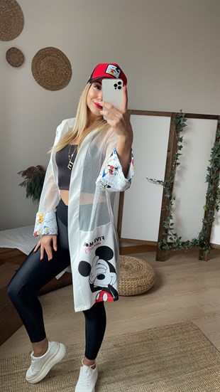 File Detaylı Beyaz Mickey Hırka