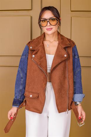 Denim Kol Detaylı Premium Süet Ceket